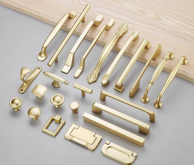 Gold T-shape single hole cabinet handle with aluminium alloy construction and multiple hole spacing options