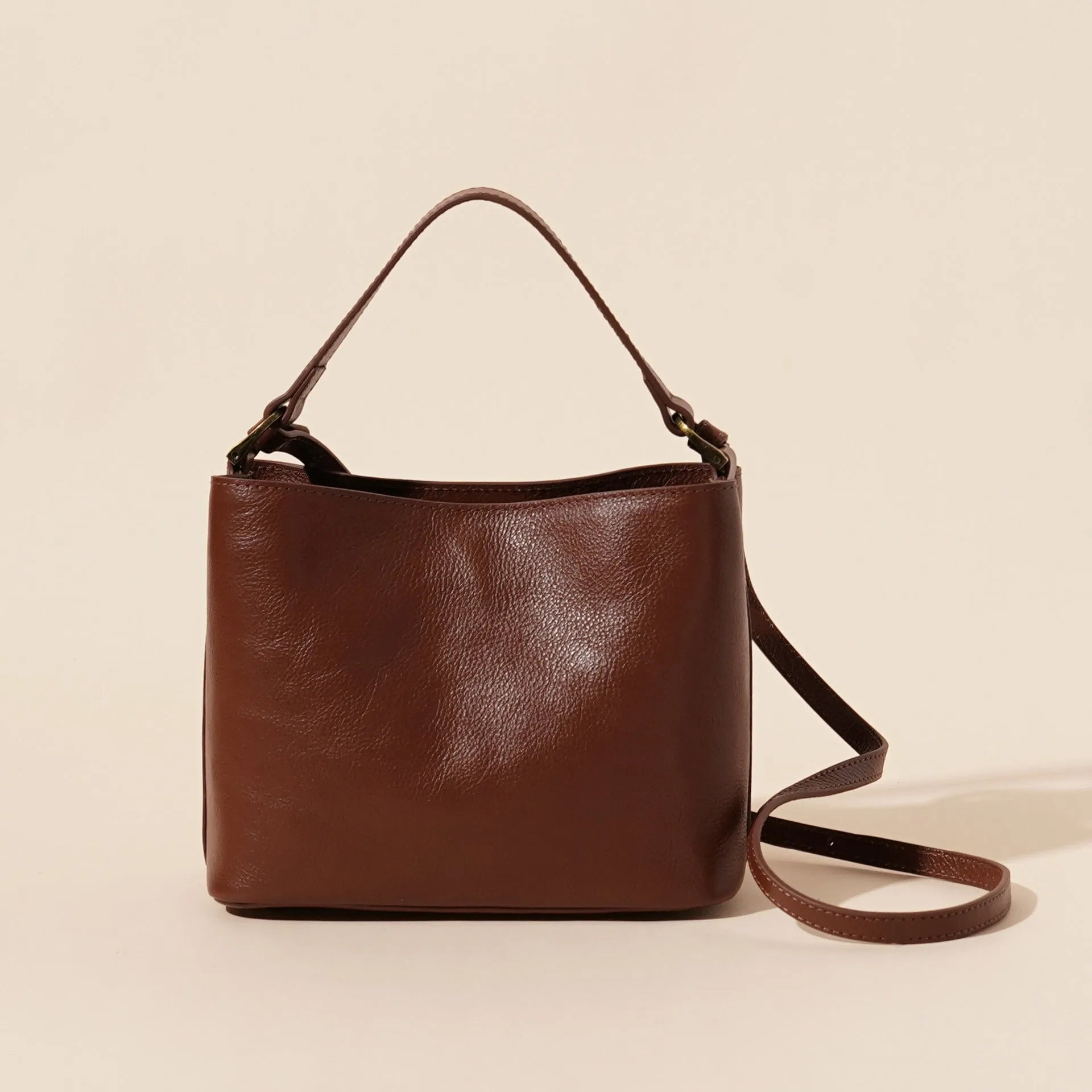 Sugar Brown genuine cowhide leather women's vintage casual shoulder handbag with square shape and sewing thread detailing