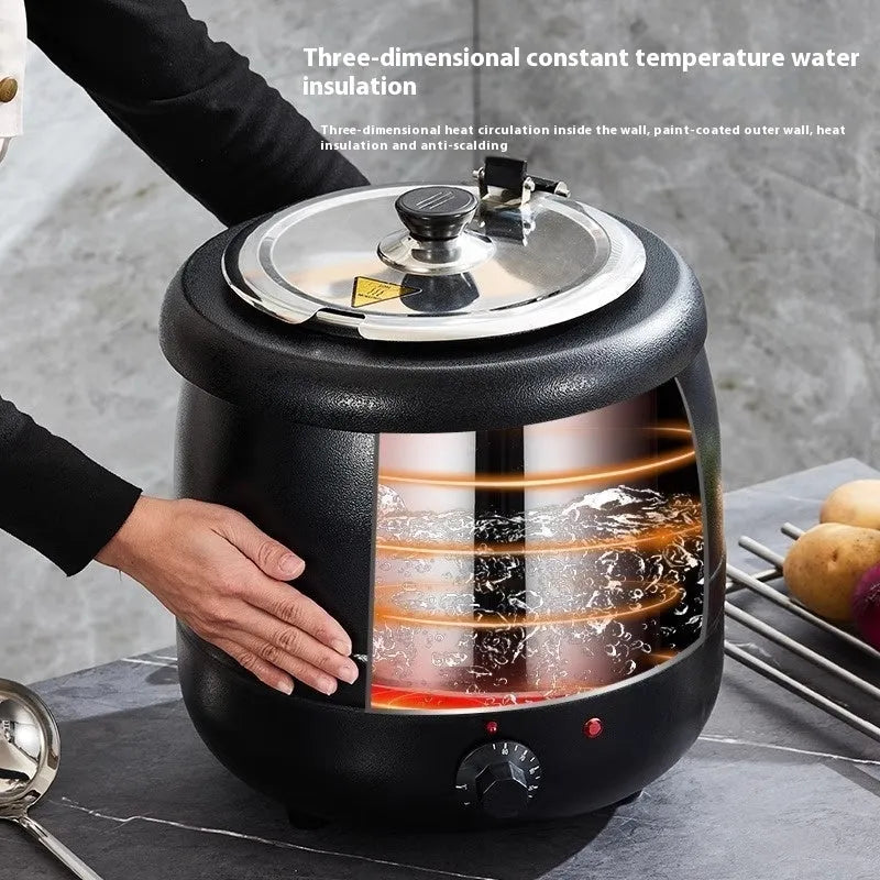 Black stainless steel insulation pot with steel cover, 10-litre capacity for commercial kitchen soup preservation