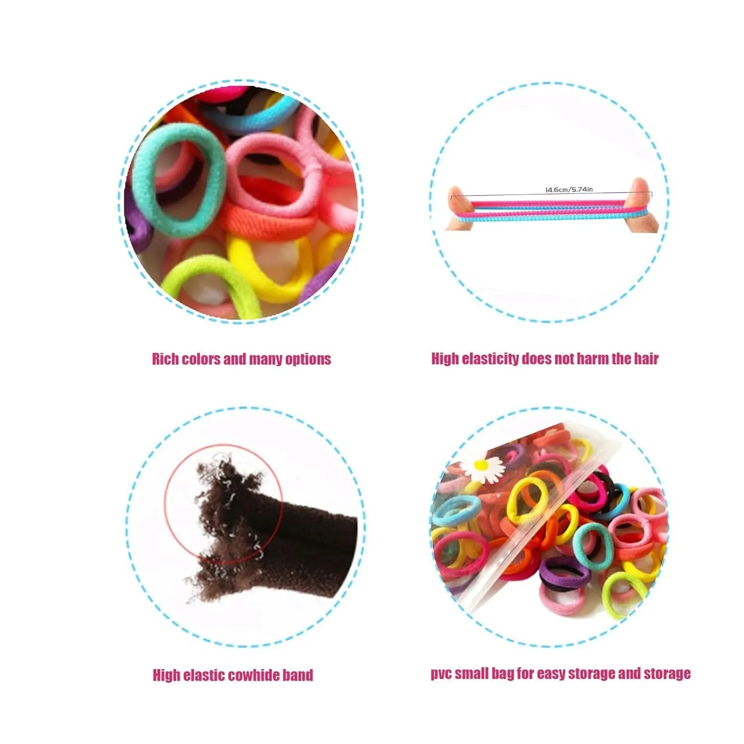 Multicoloured assortment of 100 small, seamless cotton hair ties for babies and toddlers in a jar.