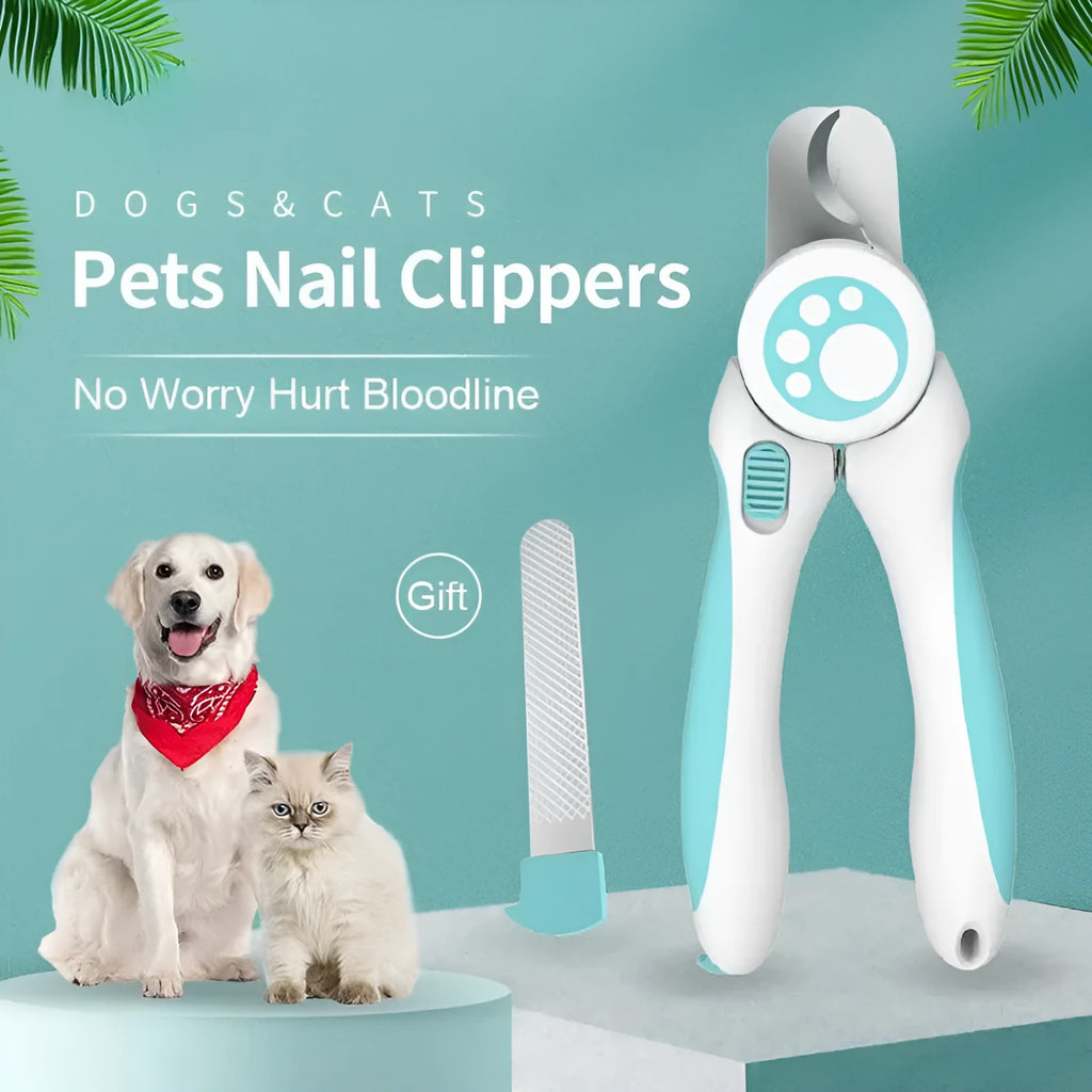 Blue and white pet nail clippers with stainless steel blade and safety lock