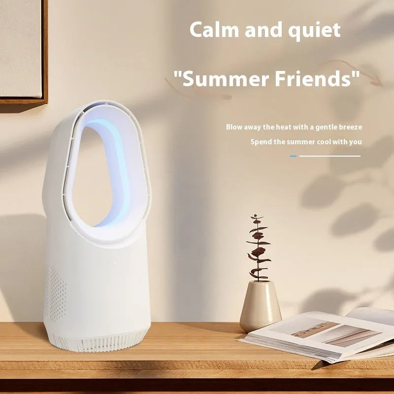 SK Bladeless Fan in white with remote control and touch screen, placed on a desk or floor