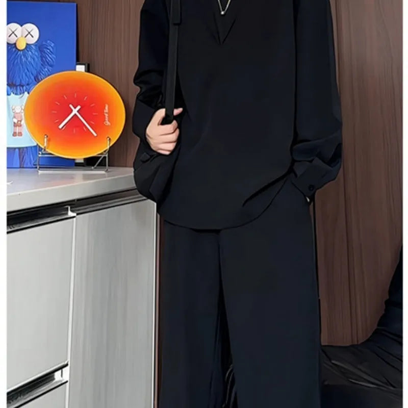 Men's black long sleeve polo shirt and trousers two-piece set in slim fit for casual wear