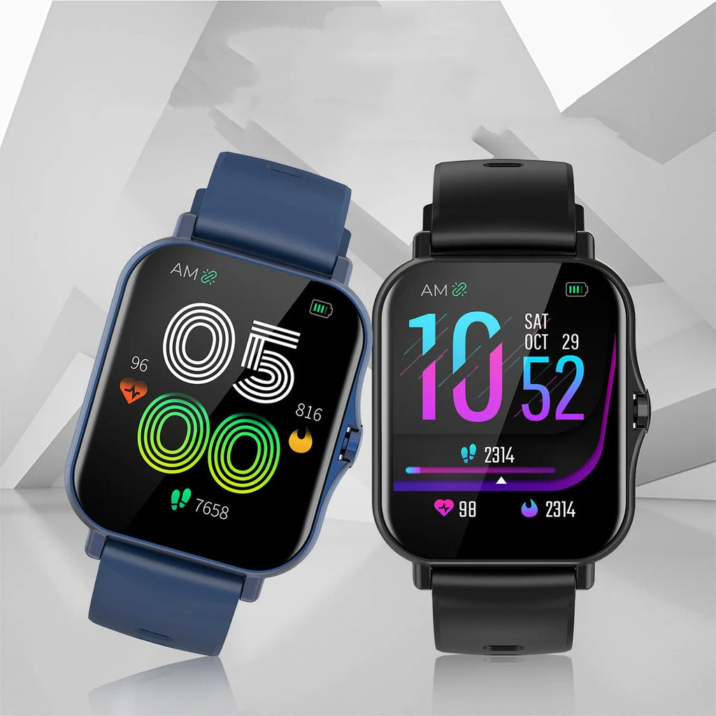 W10 smart watch with blue wristband showing heart rate and blood pressure on 1.75-inch curved screen