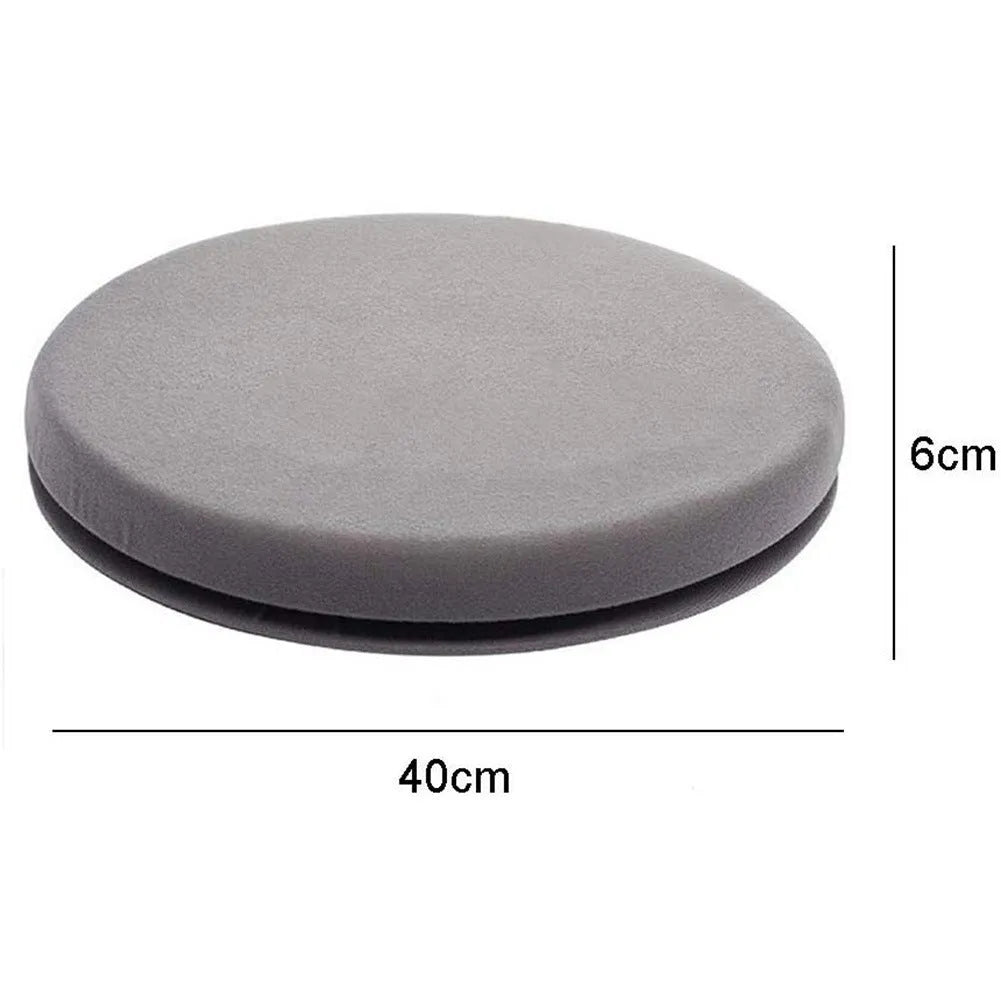 Circular car seat cushion with rotation feature, measuring 40cm across with 6cm thick sponge and non-slip base