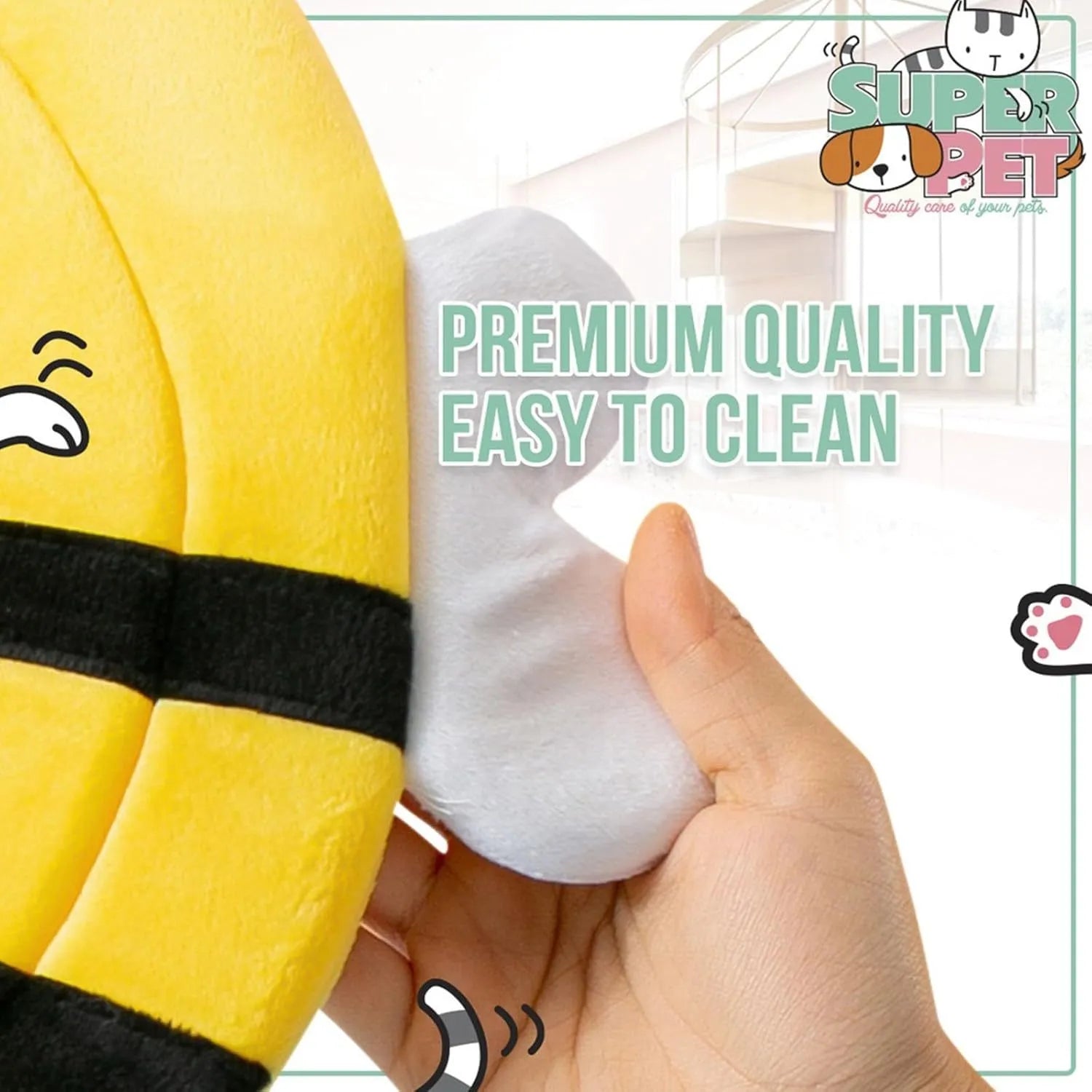Soft white cat cone collar with black and yellow bee design, showing Velcro closure and approximate 20cm diameter