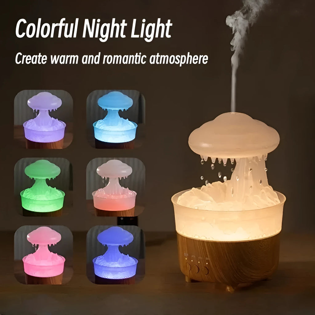 Wood grain rain cloud shaped humidifier diffuser with coloured LED light and water droplet sound.