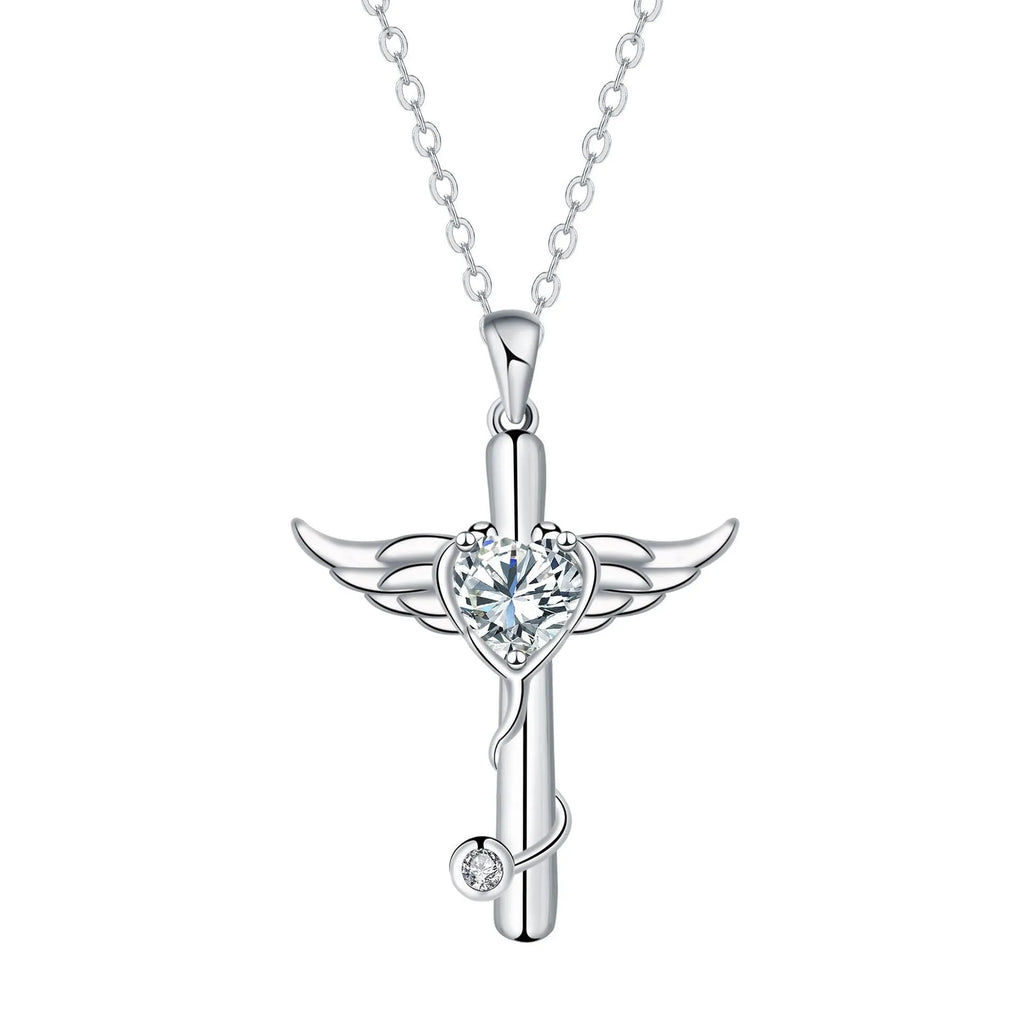 Wings cross stethoscope pendant necklace in electroplated copper with red diamond or white diamond colour options
