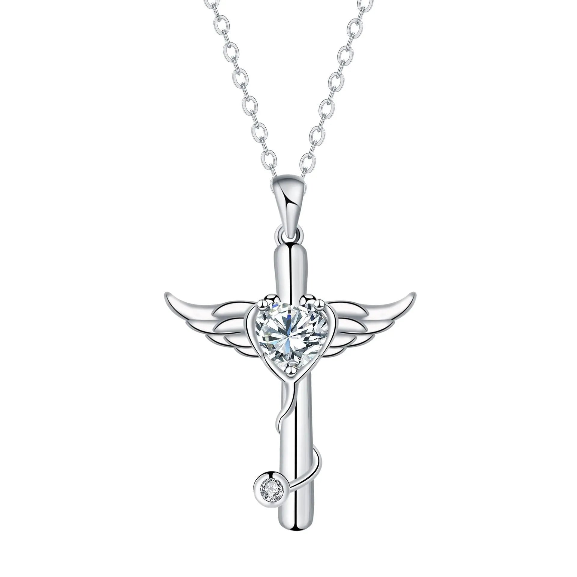 Wings cross stethoscope pendant necklace in electroplated copper with red diamond or white diamond colour options