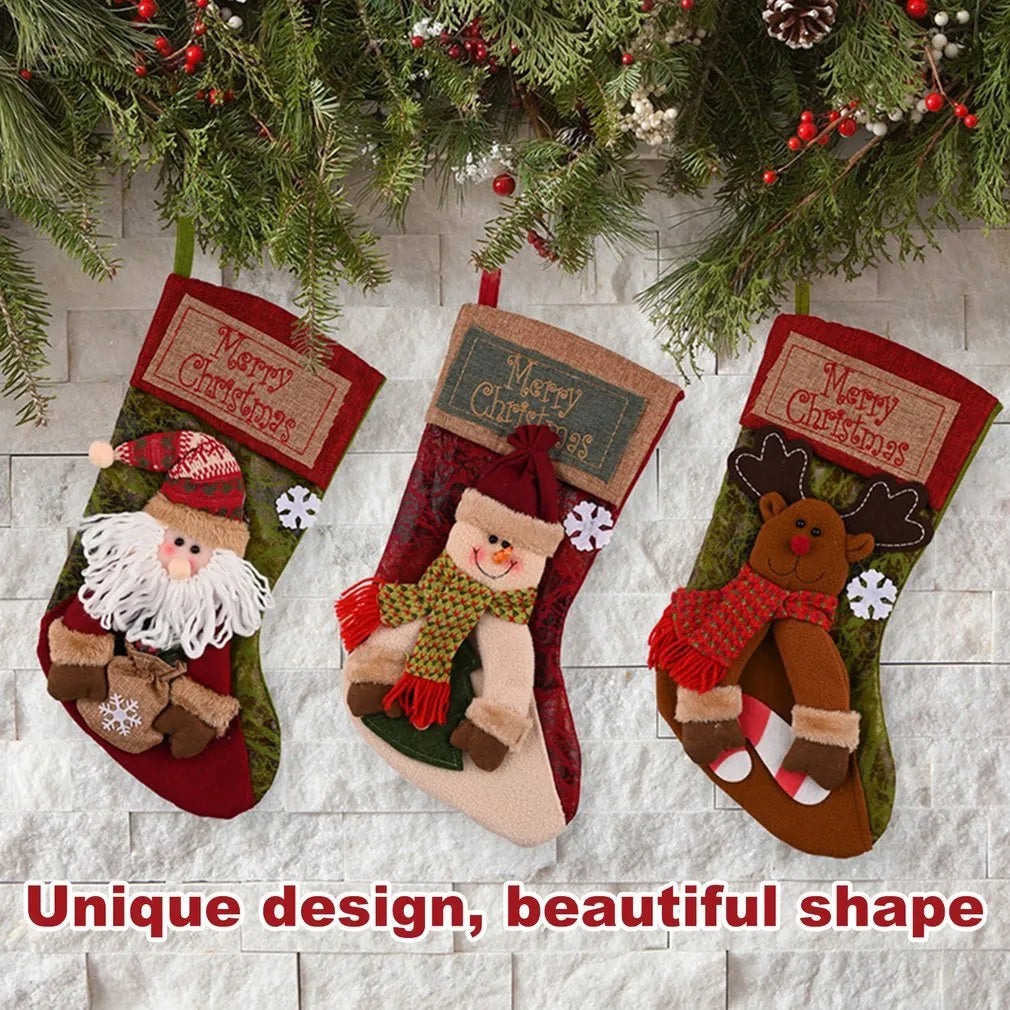 Handmade Christmas stocking decoration with 3D appliqué design on cloth fabric with hanging loop