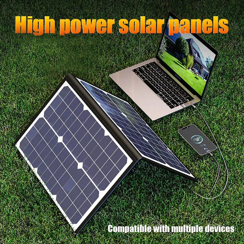 Black 40W solar folding bag showing 425x285x8mm folded size with single crystal panel for outdoor charging
