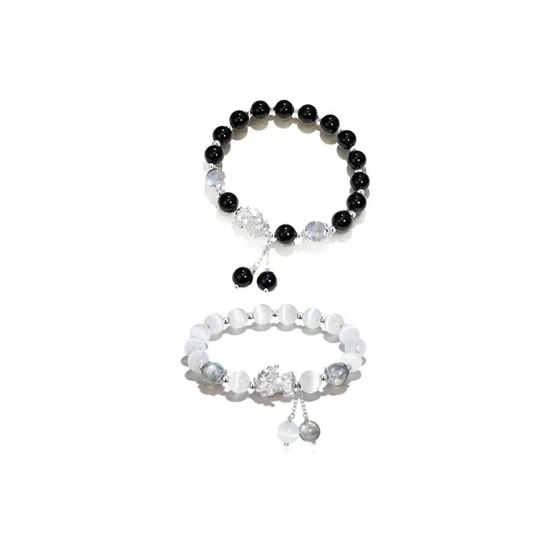 Natural black agate crystal couple bracelet with 10mm wave-shaped beads in grey tones