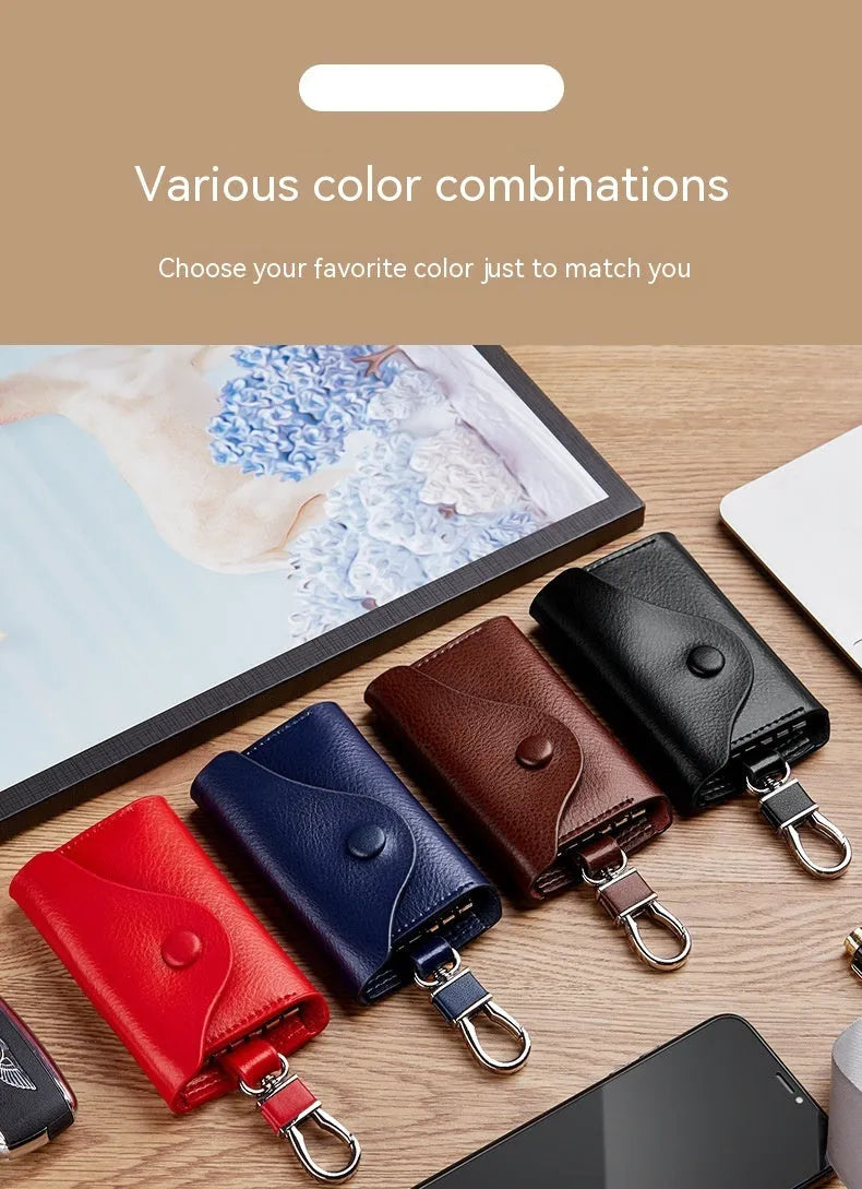 Genuine leather keychain card holder in square vertical design with internal key mapping