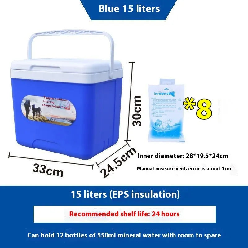 Blue insulated box with aluminium foil lining and EPS or PU insulation, capacities 3.5L to 55L