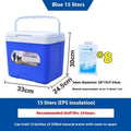 Blue insulated box with aluminium foil lining and EPS or PU insulation, capacities 3.5L to 55L