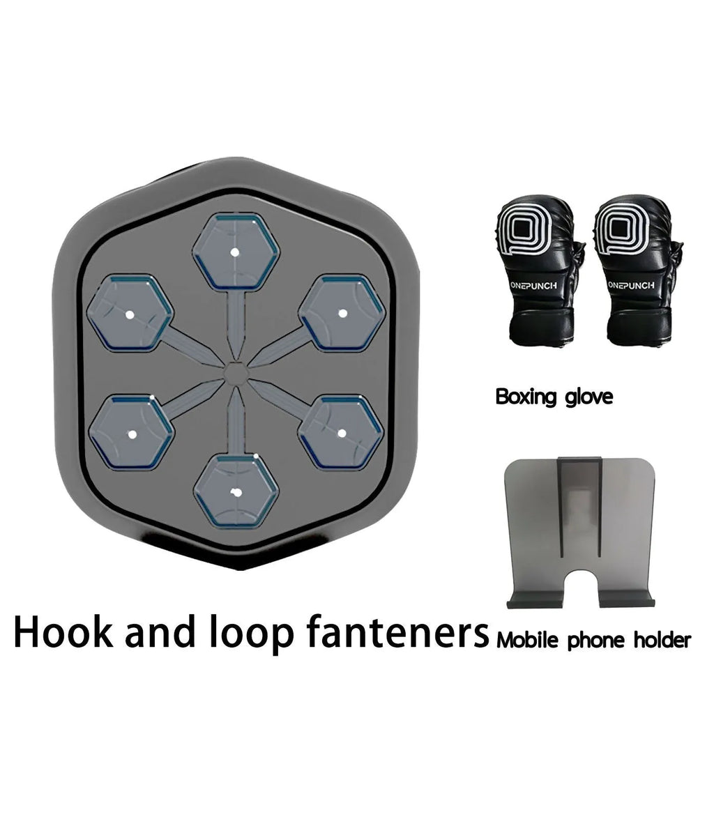 Black smart boxing machine with Bluetooth connectivity, EVA construction, and included gloves on stable surface