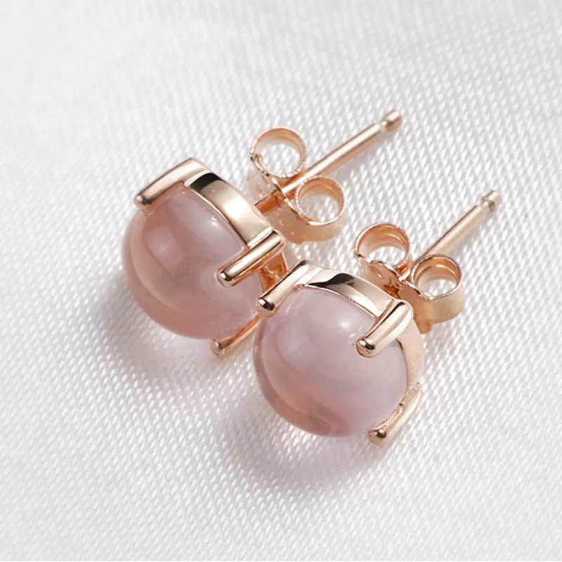 Women's rose gold drop stud earrings with crystal inlay on synthetic ross quartz, Korean style design