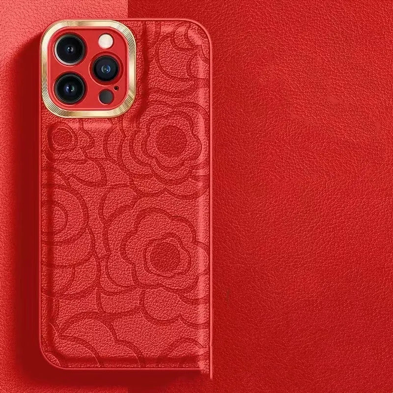 Camellia leather pattern phone case with soft edge and hard back for iPhone 11 to 15 Pro Max