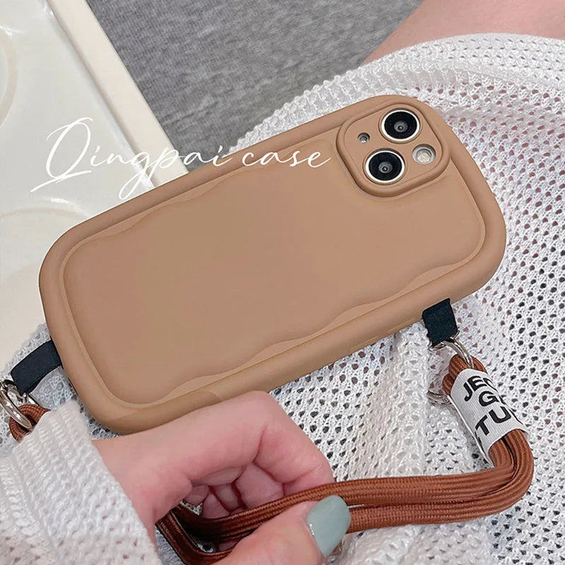 TPU iPhone case with ribbon wrist lanyard in solid colour, full coverage, for Apple iPhone 11 to 15 Pro Max