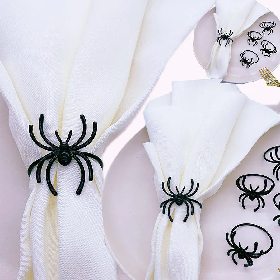 Six black spider-shaped alloy napkin rings for Halloween table decorations with electrophoresis surface finish