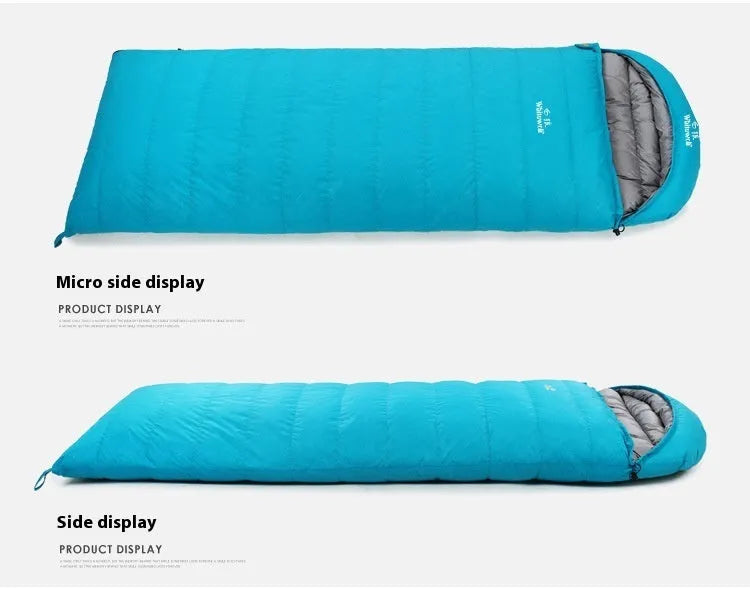 Black outdoor sleeping bag with envelope structure, white goose down filler, and 320t tear-resistant nylon fabric