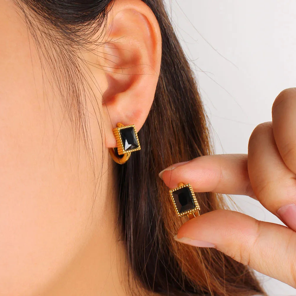 Square geometric stainless steel earrings with round zircon accents in white, black, or green electroplated finish