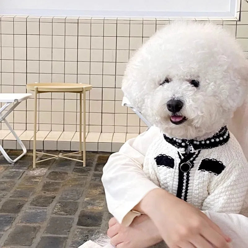 Korean style puppy clothes pearl collar sweater in black or white with princess design for dogs 0.50 kg to 7.50 kg