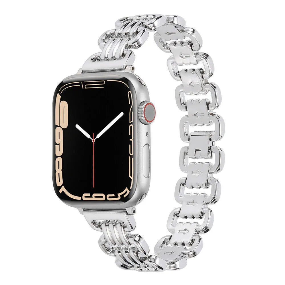 Alloy metal ladies watch bracelet for Apple Watch in silver, black, gold, rose gold, and Starlight colours, sizes 38-49mm