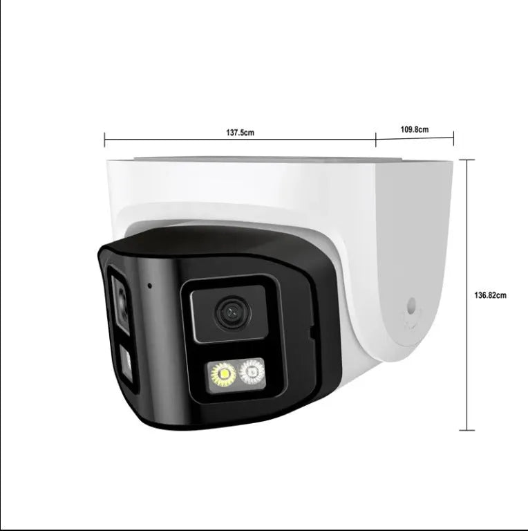 4MP dual-lens IP66 waterproof CCTV webcam measuring 124x72x201mm for indoor and outdoor surveillance