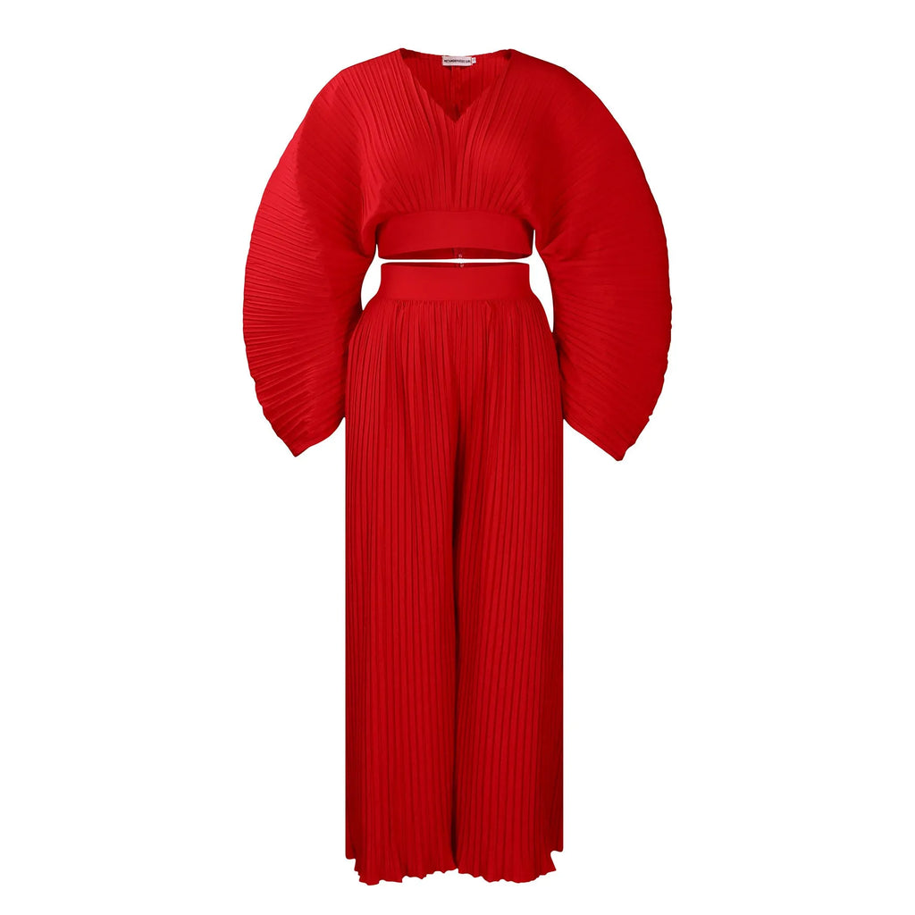 African suit two-piece set featuring a batwing sleeve top and wide-leg trousers in red or sapphire blue.