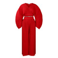 African suit two-piece set featuring a batwing sleeve top and wide-leg trousers in red or sapphire blue.