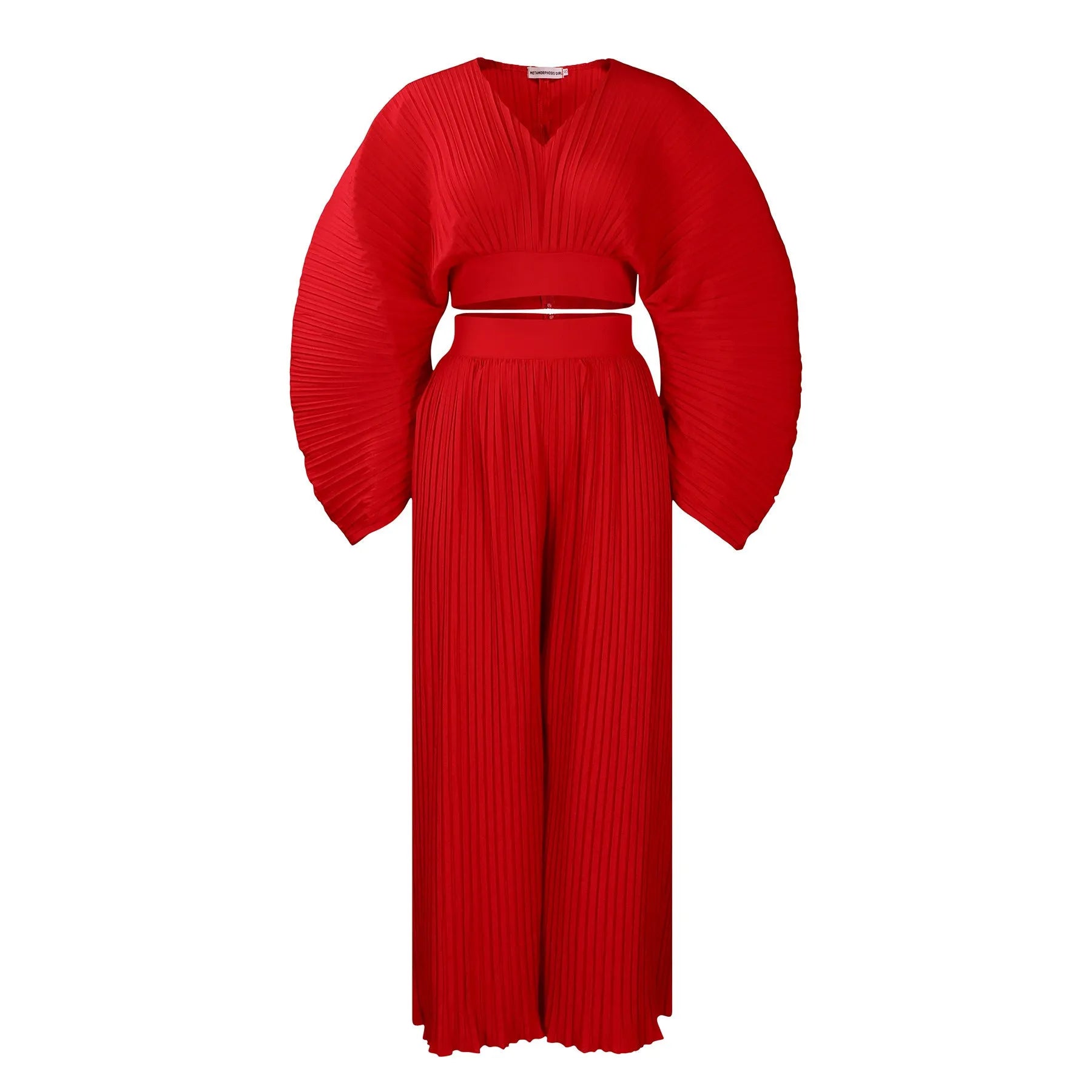 African suit two-piece set featuring a batwing sleeve top and wide-leg trousers in red or sapphire blue.