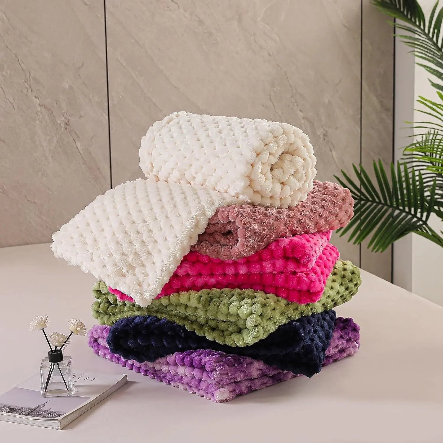 Children's plaid velvet blanket in camel colour, showing soft texture and size scale for cosy use.