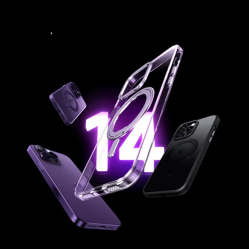 Transparent magnetic shockproof iPhone case for models 11 to 15, shown in black, grey, purple, and clear.