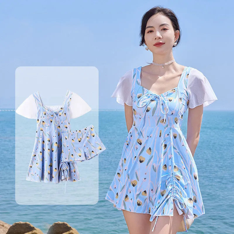 Women's one-piece swimsuit with floral pattern in sea salt blue colour for swimming