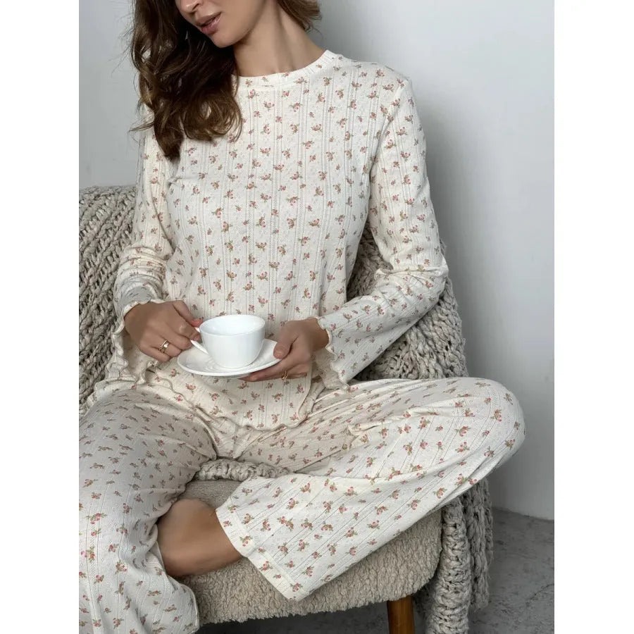 Women's white floral print bell sleeve top and wide leg trousers set for casual and home wear