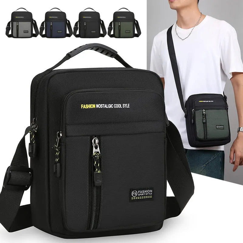 Men's casual outdoor one shoulder messenger bag in nylon with sewing thread details, shown in available colours.