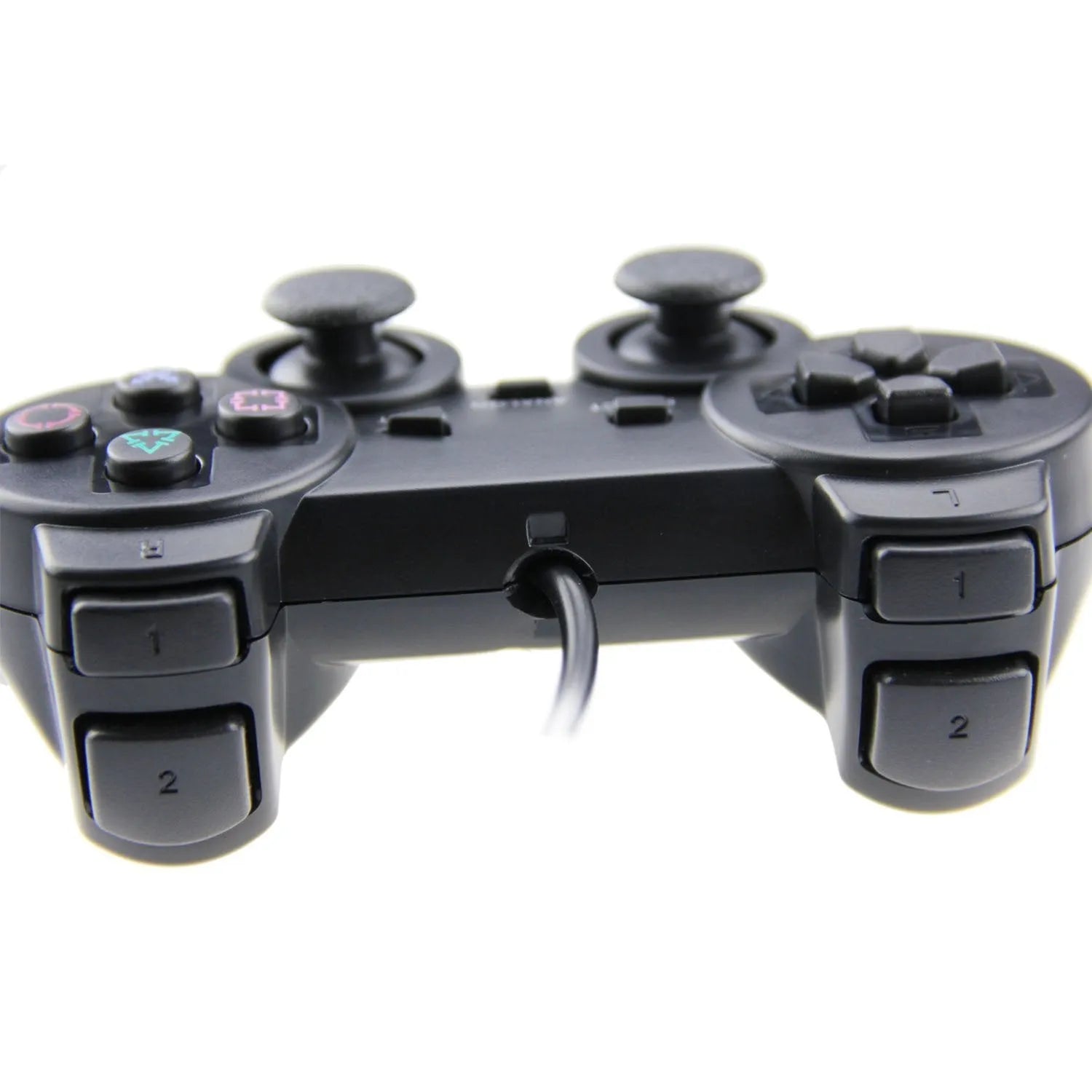 PS2 wired USB game controller in bare metal finish on a grey background