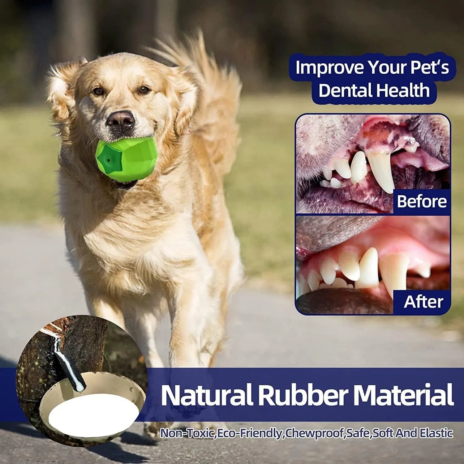 Green natural rubber dog ball with squeaker for aggressive chewers, measures 90x86x80mm