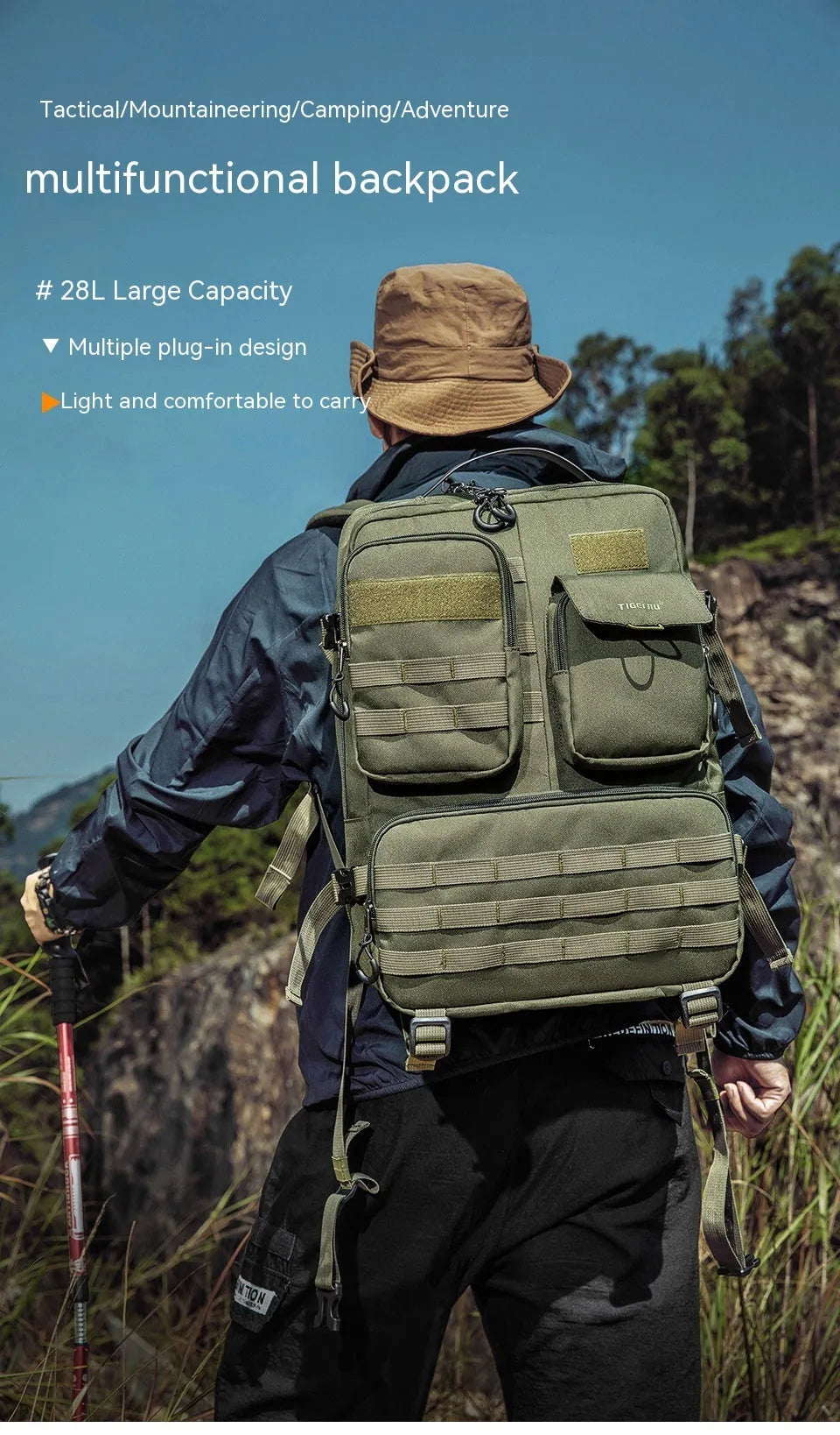 Tactical backpack in Army Green with 20-35L capacity, waterproof nylon, and 17-inch size for outdoor use.