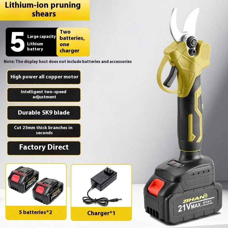 Electric pruning knife with plastic casing, lithium battery, and secateurs for cutting garden branches