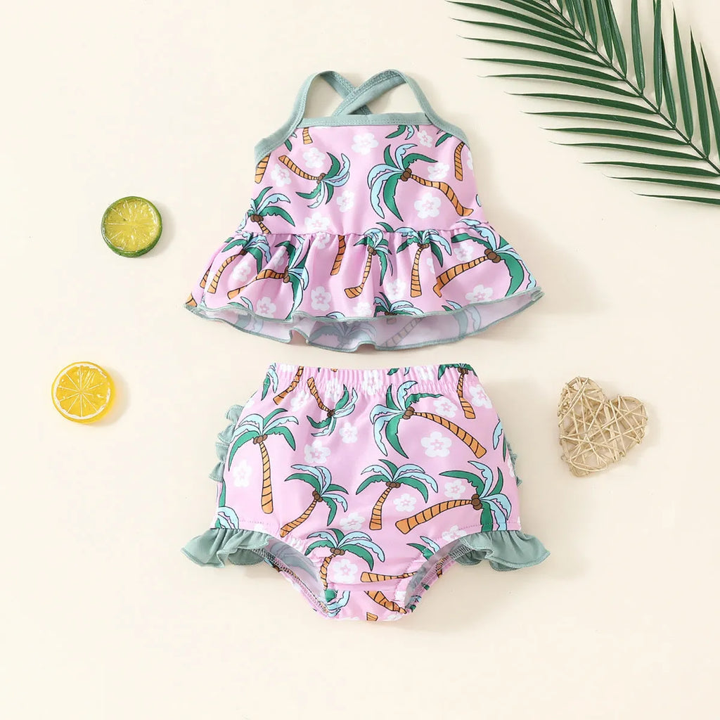 White children's two-piece swimsuit set with shirt and shorts for ages 6 months to 3 years