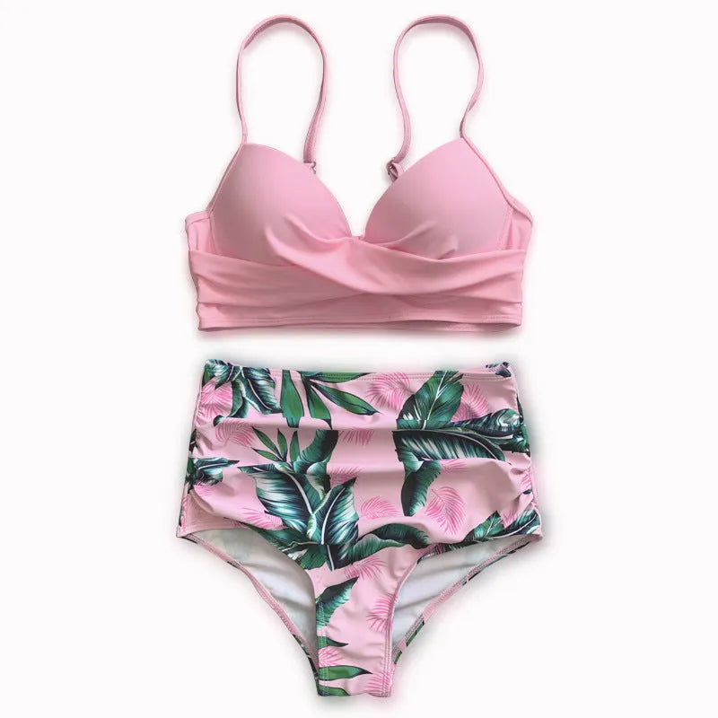 Women's printed high-waist bikini set with push-up top and split shorts in floral pattern