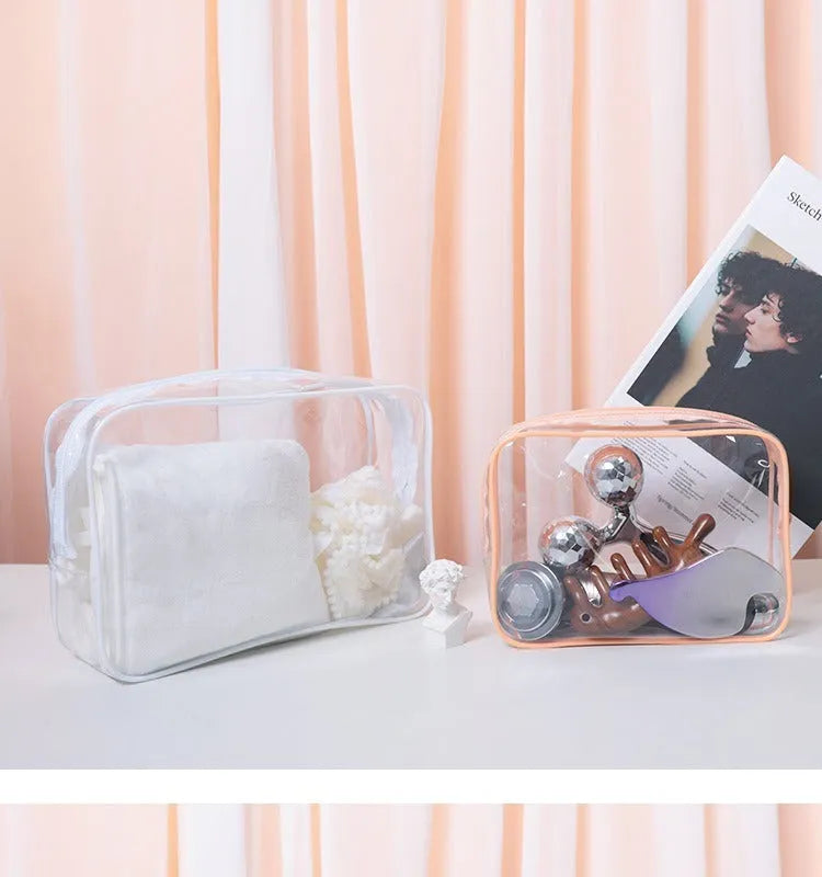 Set of three semi-transparent PVC bags in black, pink and white with customisable front panel.