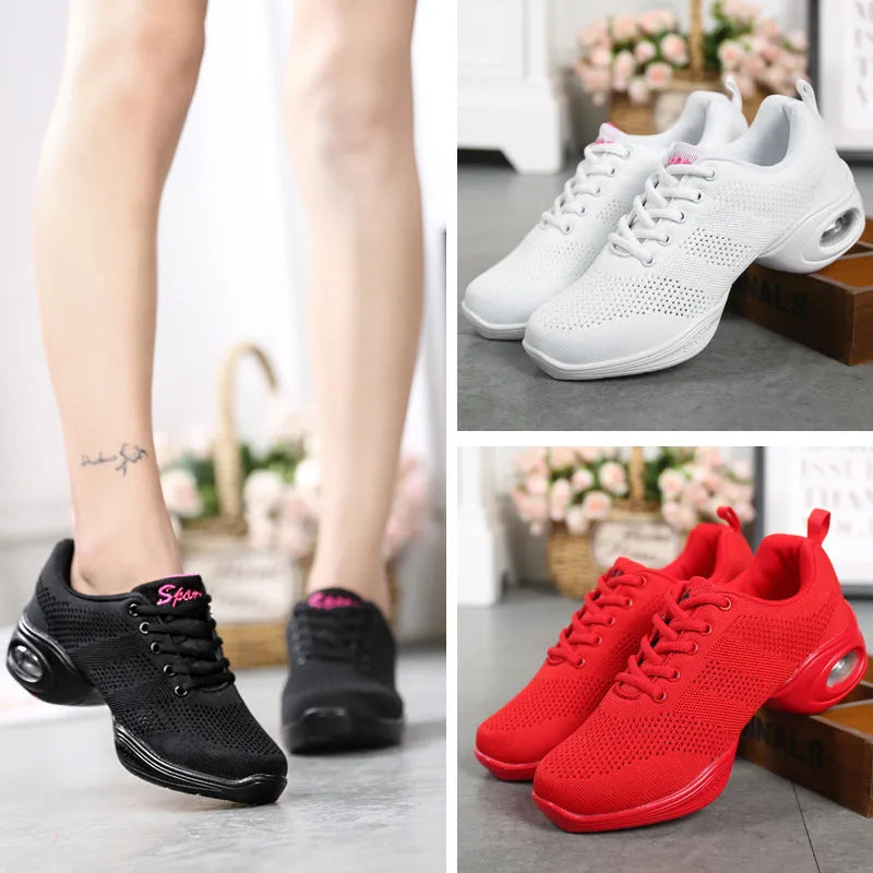 Women's white mesh dancing shoes with breathable upper and light PU sole