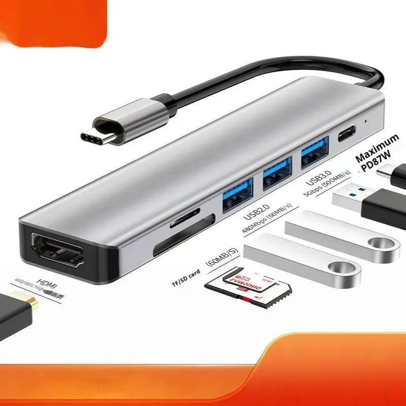 Type-C 7-in-1 expansion dock with 15cm cable, aluminium casing, HDMI and USB ports