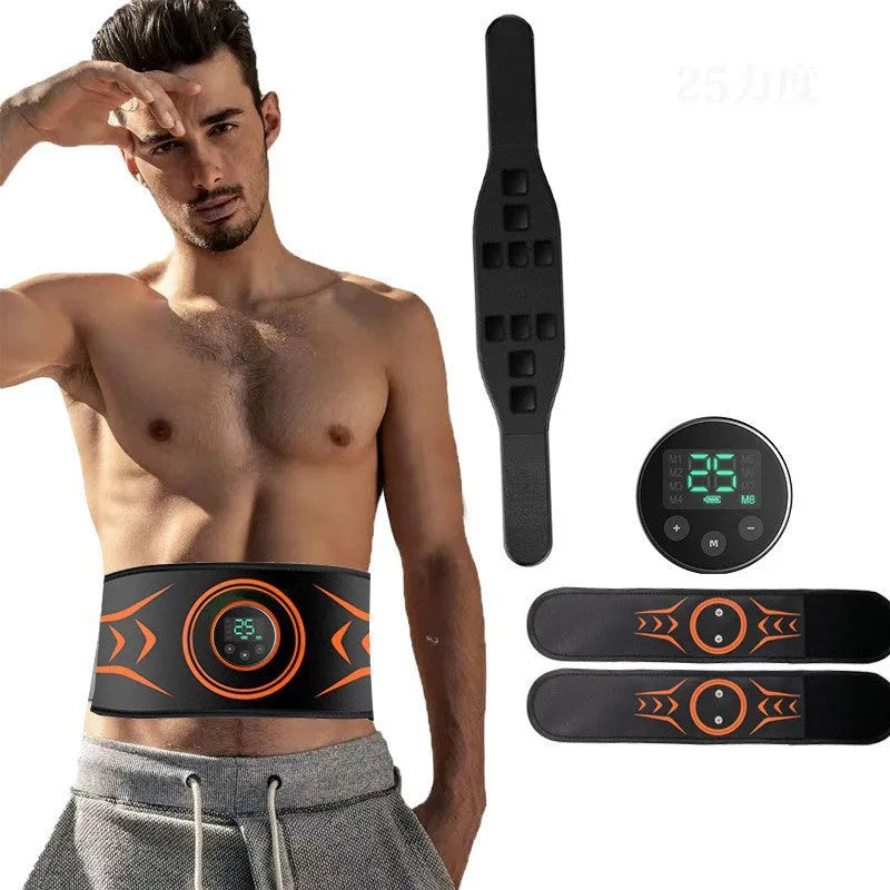 Rechargeable EMS abdominal belt with adjustable strap and arm stickers for muscle stimulation training