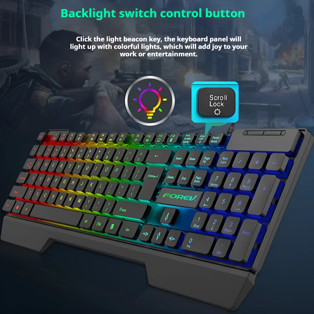 Wired keyboard, ABS, 440x130x30mm, with luminous character and six-colour backlight option for desktop and notebook.
