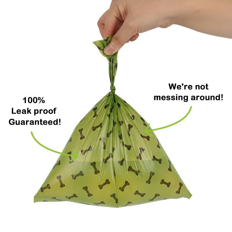 Degradable dog poop bags in military green with black bone print, 23cm by 33cm size, EPI+HDPE material