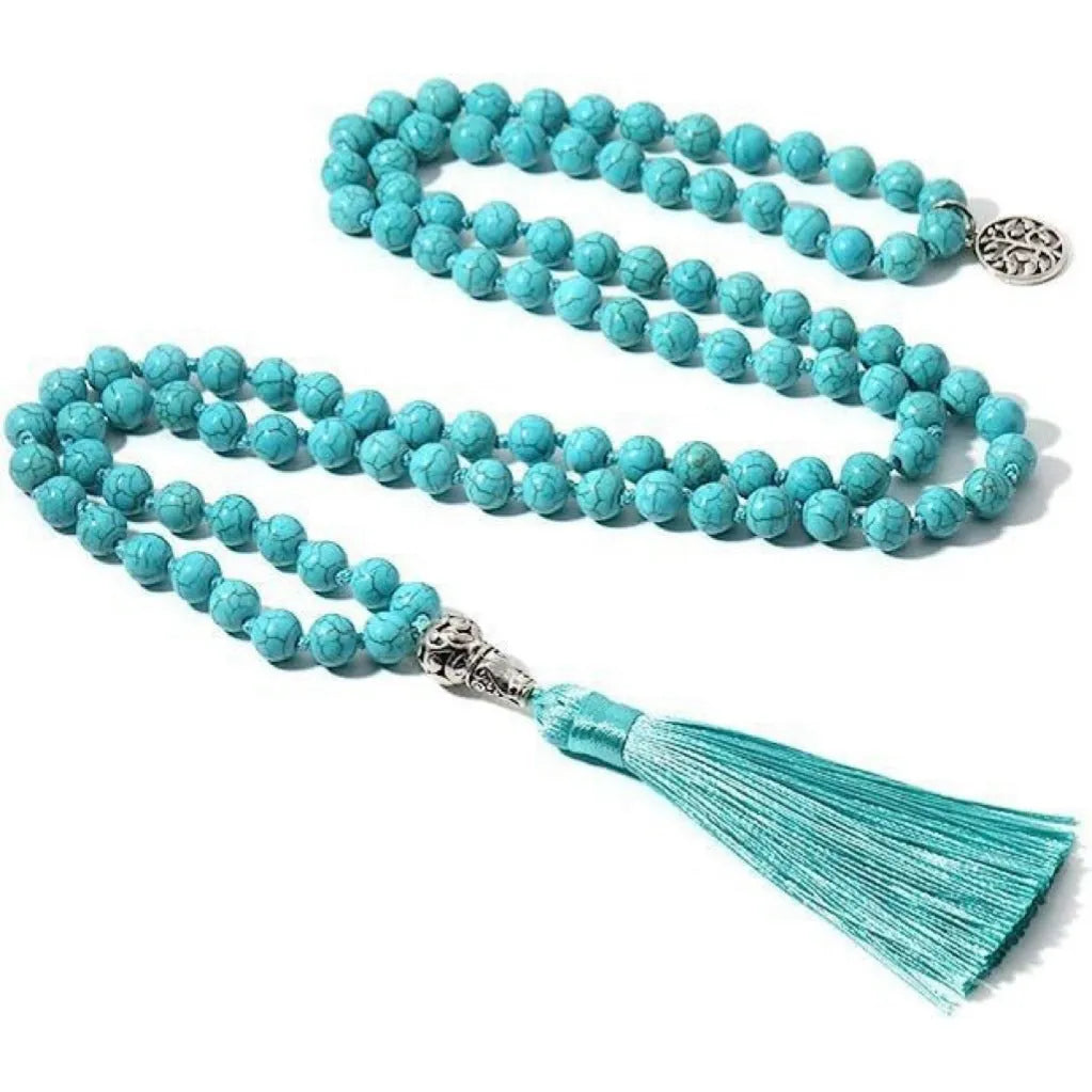 Handmade knotted beaded necklace with 108 stone pendants showing colour variations